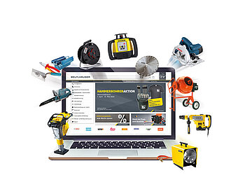 Laptop mit Beutlhauser Onlineshop und Teile des Sortiments um den Bildschirm