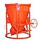 Orangefarbener Beton-Kübel (Krankübel) mit Bodenklappe und Handrad zur Materialentnahme auf Stahlrahmengestell.