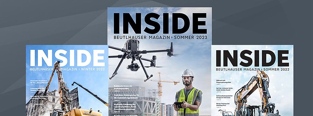 Man sieht die letzten drei Ausgaben des Kundenmagazins von Beutlhauser mit dem Namen Inside. 